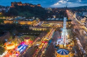 Aerial shot of Edinburgh Christmas market