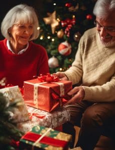 A smiling couple exchange gifts on Christmas Day 
