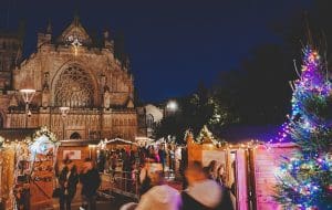 Pic of Exeter Christmas market and the cathedral at night