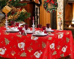 Pic of a stylish Christmas tablecloth for how to set a festive table