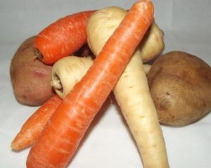 pic of parsnips, carrots and potatoes