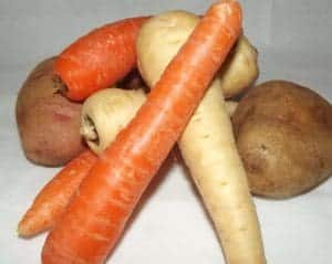 pic of parsnips, carrots and potatoes