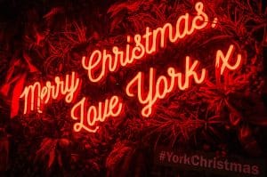 York Christmas market - a neon sign greeting people to the event