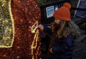 A girl is posting her letter Santa using a postbox at York Christmas market 