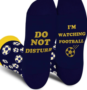 Pic of socks with a slogan to not disturb to illustrate an article about buying a Christmas sport gift