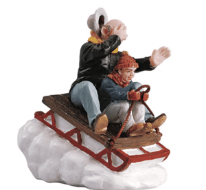 Lemax Caddington Village sledding with gramps as the duo go fast downhill