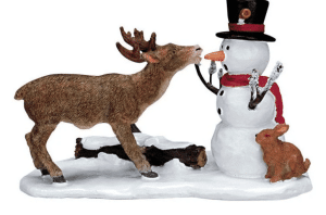 Lemax Caddington village snack time figurine of a deer trying to eat a snowman's nose