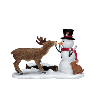 Lemax Caddington village snack time figurine of a deer trying to eat a snowman's nose