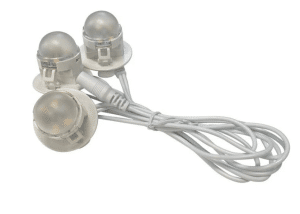 Lemax 3-light LED string set for UK Caddington Village: clip-on warm white dome bulbs with flexible white wires, perfect for ambient Christmas tree and pathway illumination.