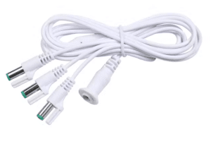 Lemax three-way U splitter for UK Caddington Village: white cable with three 4.5V DC barrel connectors to expand power for multiple small Christmas buildings and Moonlander lights.