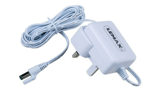 Lemax Type U UK power adapter 4.5V DC 100mA: compact white plug with barrel connector for small Caddington Village lights, Moonlander bulbs, and festive Christmas setups.