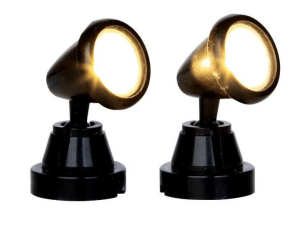 Lemax battery-operated LED spotlights for UK Caddington Village: pair of adjustable black fixtures with warm white beams, ideal for accenting Christmas trees and miniature festive scenes.