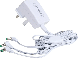 Lemax UK three-output power adapter 4.5V DC 1000mA: white multi-plug with dual Type L connectors for powering multiple Caddington Village buildings, animations, and Christmas lights.